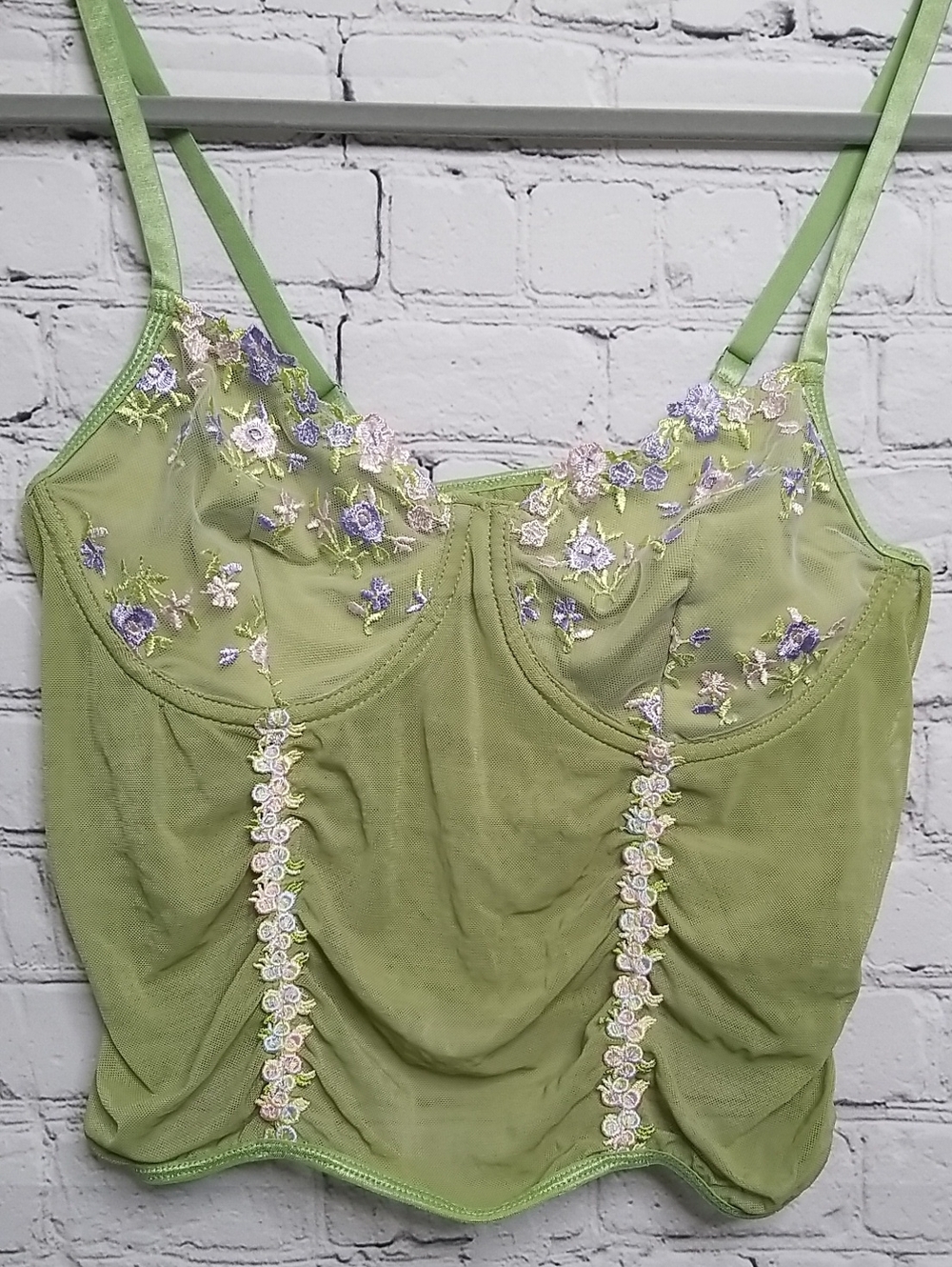 Womens Green Floral Embroidered Mesh Camisole Medium